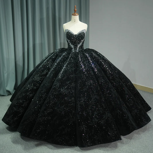 Black Quinceanera Dress Strapless Lace Up Sequins Mexican Sweet 16 Dress Ball Gown Dress