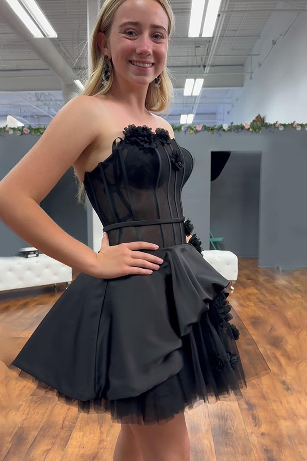 Black Floral Strapless A-Line Corset Short Homecoming Dress