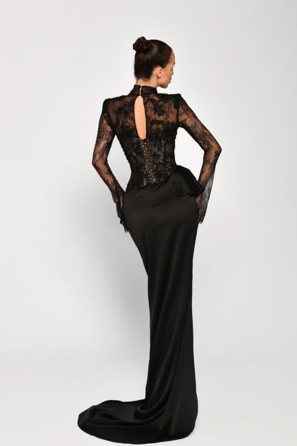 Black Formal Dress Mermaid High Neck Long Sleeve Lace Satin Evening Dress With Slit