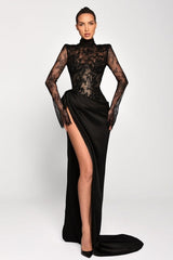 Black Formal Dress Mermaid High Neck Long Sleeve Lace Satin Evening Dress With Slit
