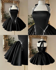 Black Halter Satin Homecoming Dress with Crystal Chain Detail & Full Skirt