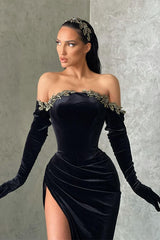 Black High Split Velvet Dress Off The Shoulder Mermaid Christmas Party Dress
