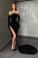 Black High Split Velvet Dress Off The Shoulder Mermaid Christmas Party Dress
