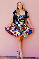 Black Homecoming Dress A Line Flower Print Short Prom Dress