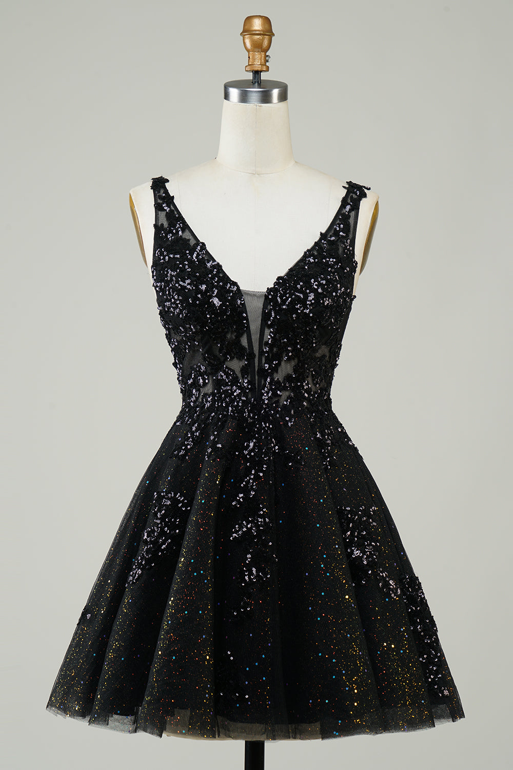Black Homecoming Dress A-Line Spaghetti Straps Short Prom Dress with Sequin