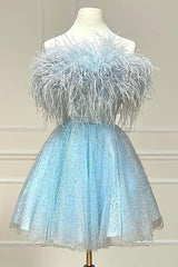 Black Homecoming Dress A-Line Strapless Prom Dress with Feathers