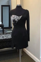Black Homecoming Dress BeadedOne Shoulder One Sleeve Tight Short Prom Dress