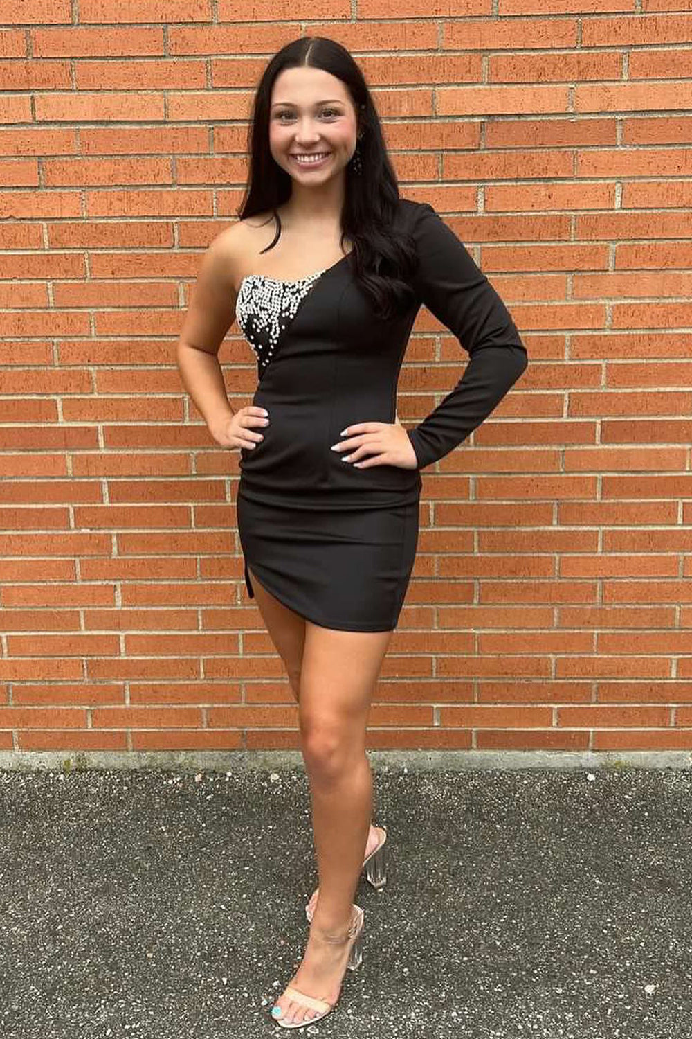 Black Homecoming Dress BeadedOne Shoulder One Sleeve Tight Short Prom Dress
