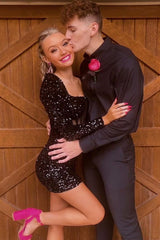 Black Homecoming Dress Corset Long Sleeves Sequin Tight Short Prom Dress