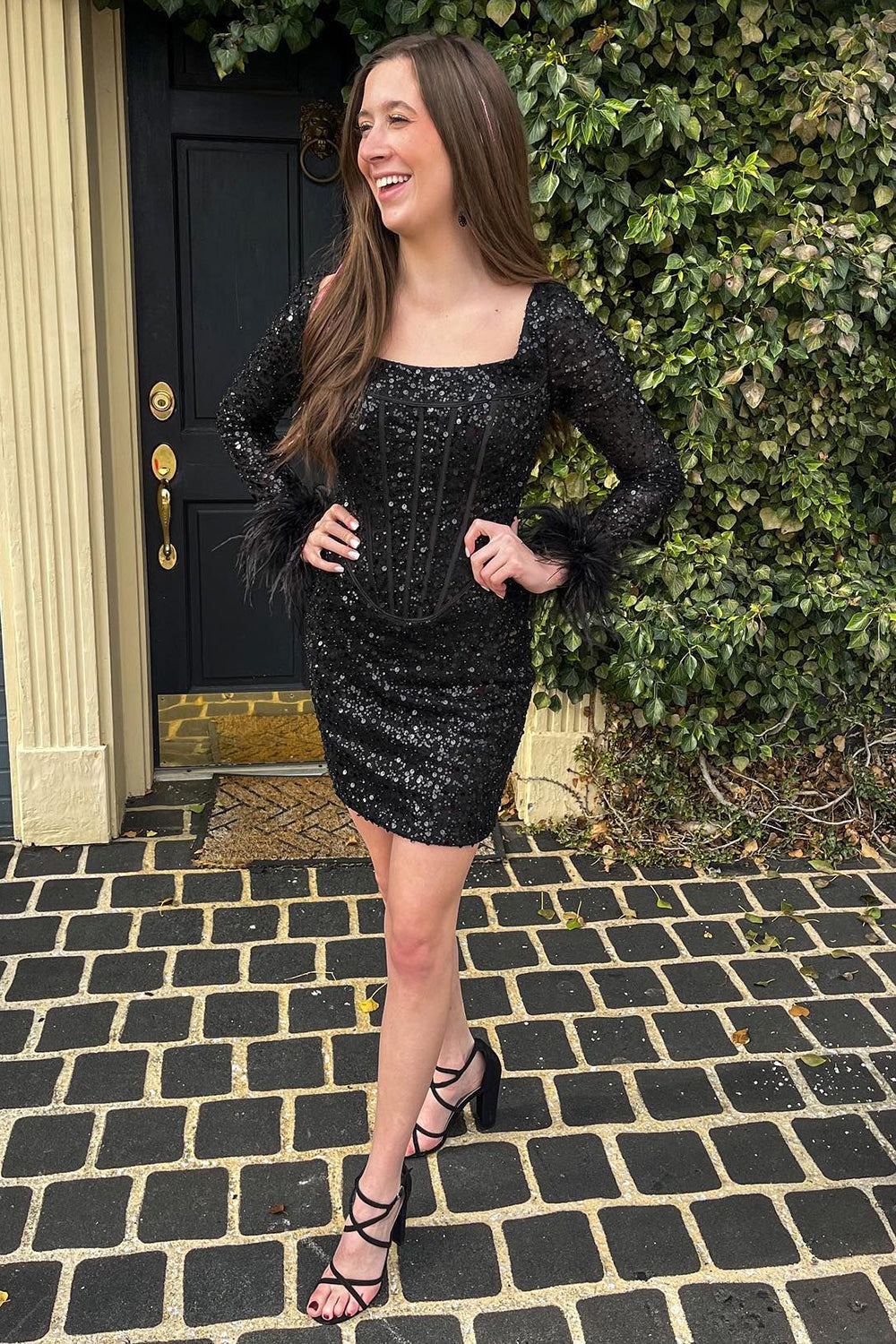 Black Homecoming Dress Corset Long Sleeves Tight Short Hoco Dress with Feathers