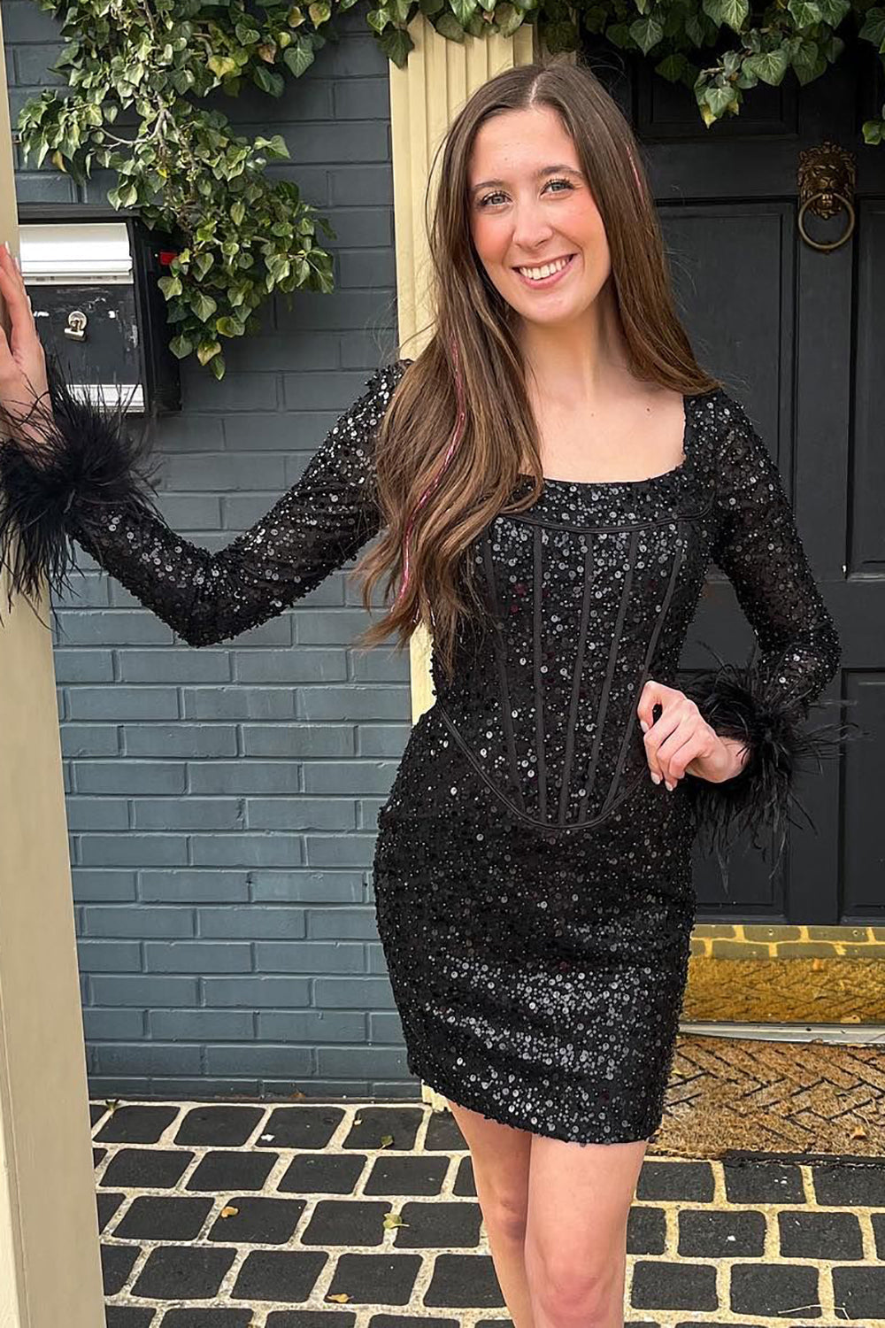 Black Homecoming Dress Corset Long Sleeves Tight Short Hoco Dress with Feathers
