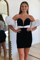 Black Homecoming Dress Detachable Sleeves Velvet Tight Short Prom Dress