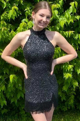 Black Homecoming Dress Halter Sequin Tight Prom Dress