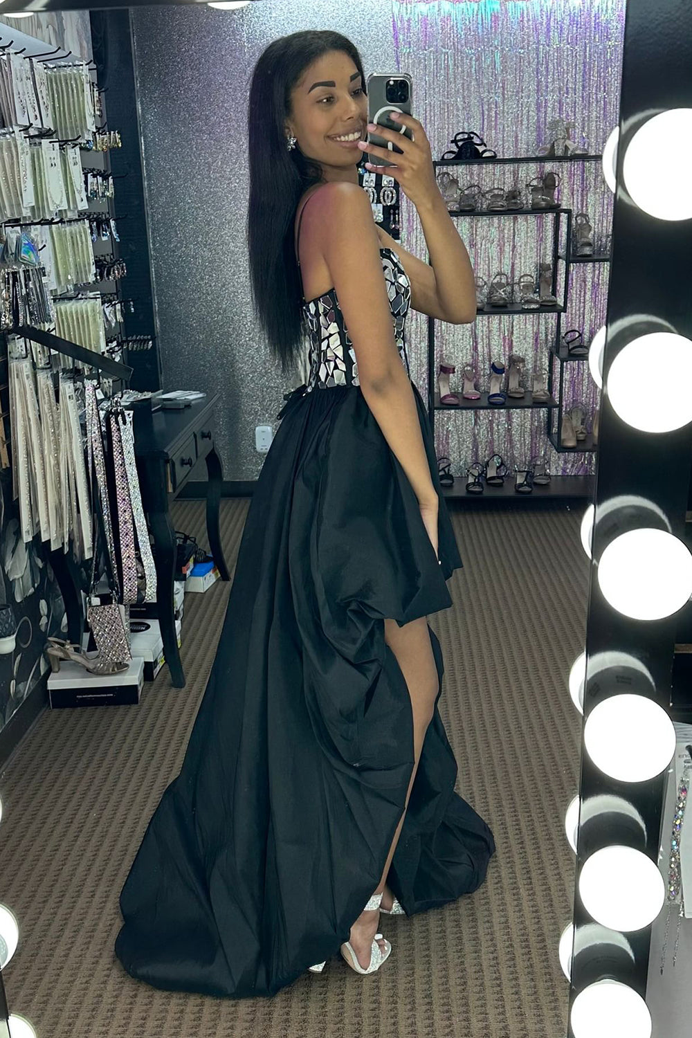 Black Homecoming Dress High Low Satin A-Line Mirror Prom Dress