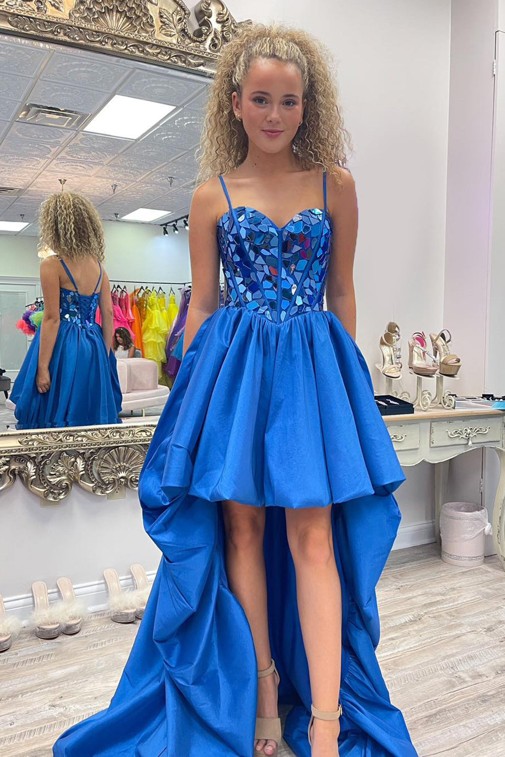 Black Homecoming Dress High Low Satin A-Line Mirror Prom Dress