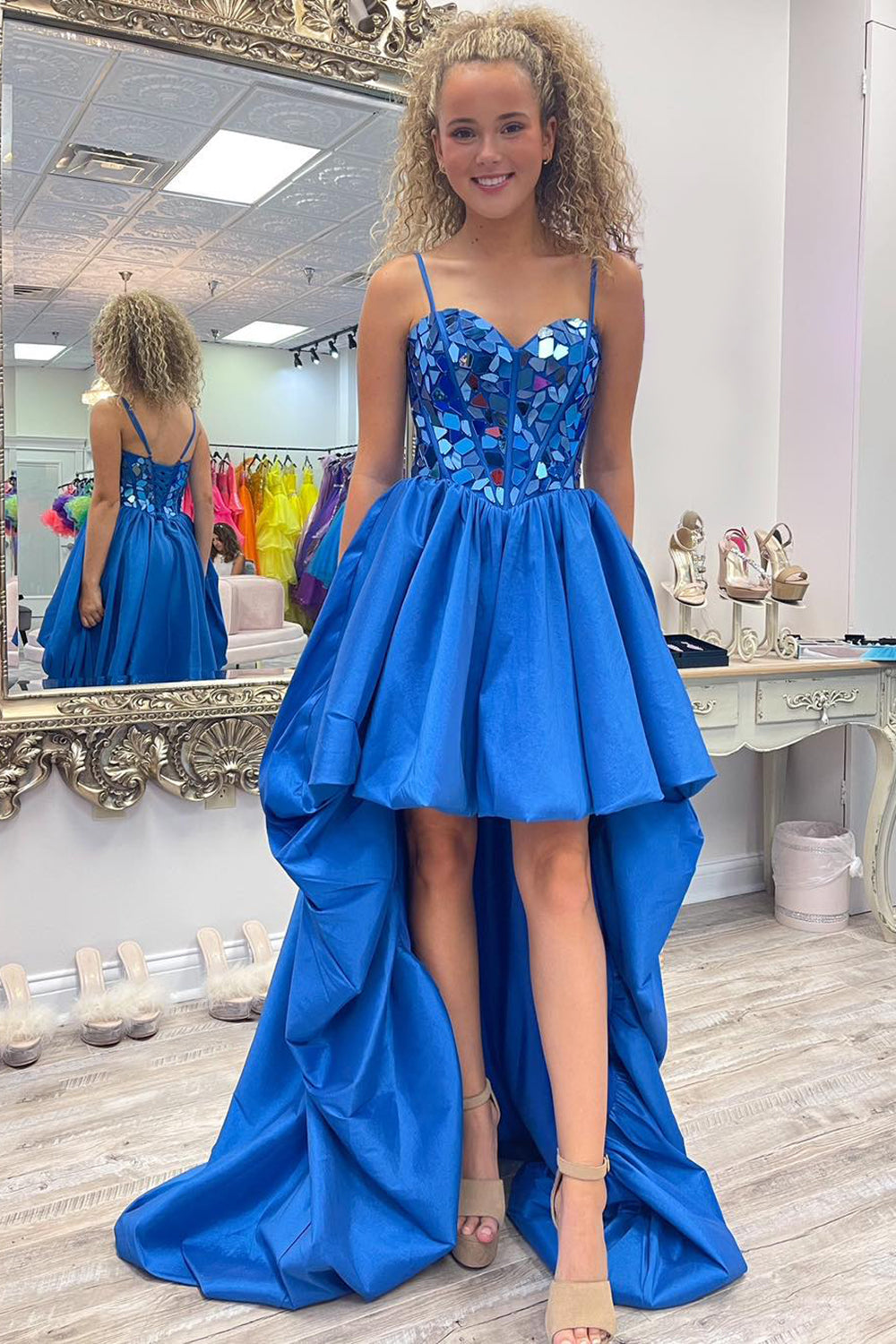 Black Homecoming Dress High Low Satin A-Line Mirror Prom Dress