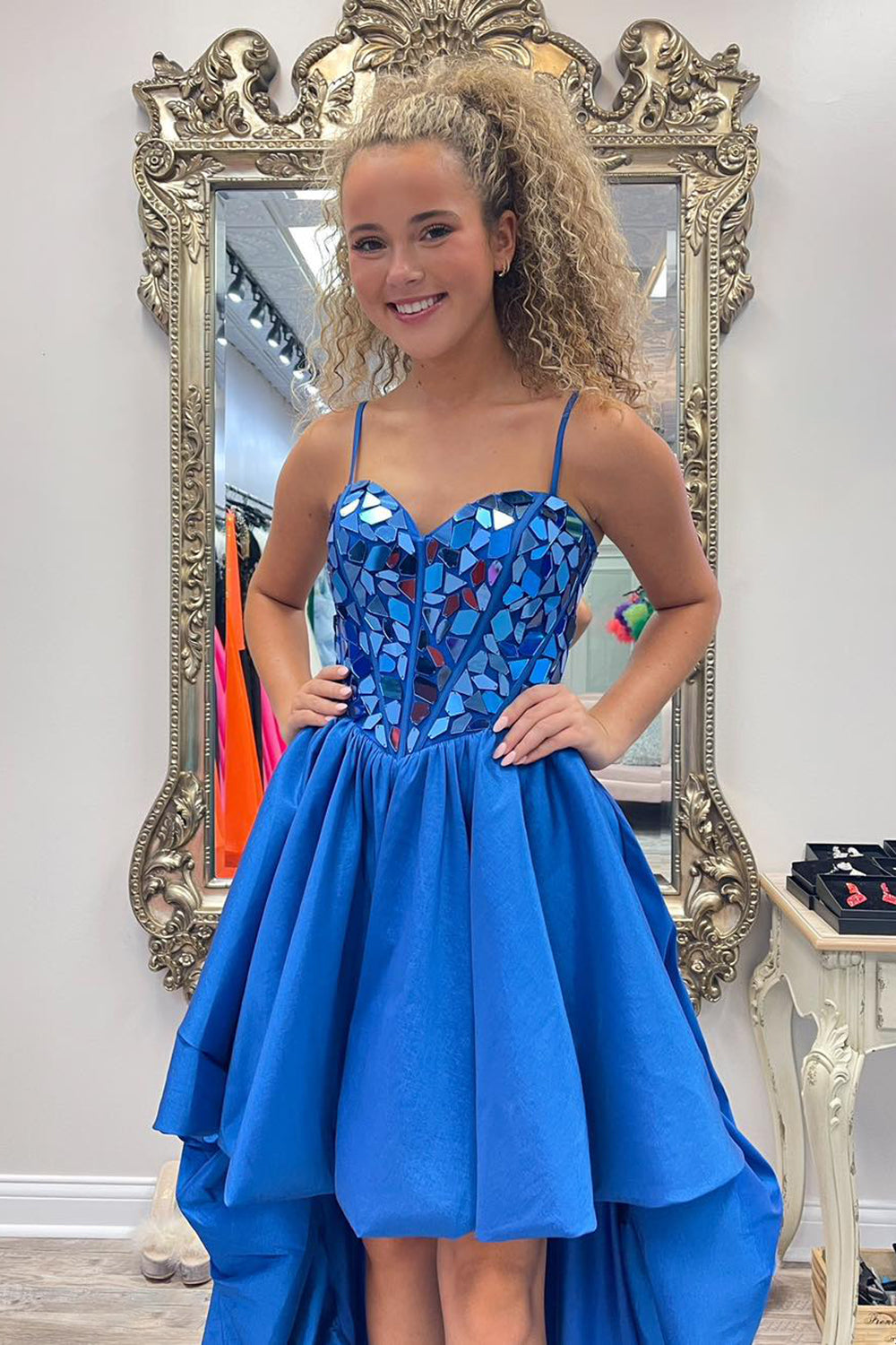 Black Homecoming Dress High Low Satin A-Line Mirror Prom Dress