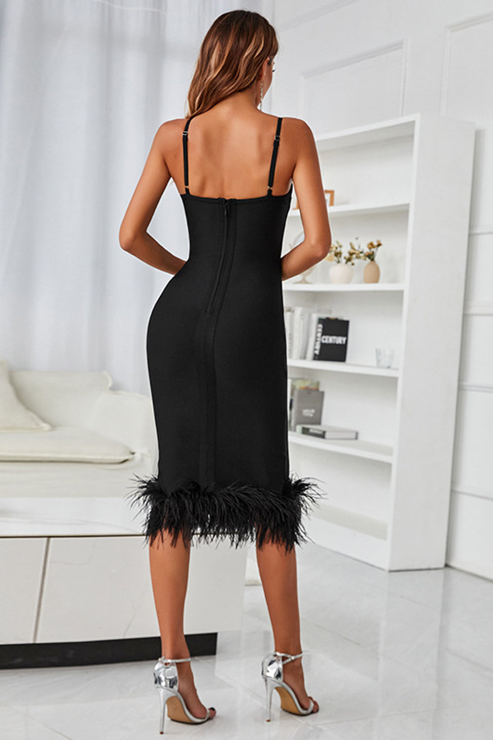 Black Homecoming Dress Midi Bodycon Party Dress with Feathers
