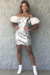 Black Homecoming Dress Mirror Off The Shoulder Tight Short Prom Dress