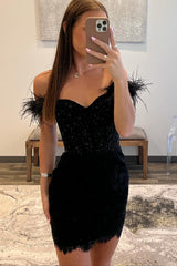 Black Homecoming Dress Off The Shoulder Corset Tight Short Cocktail Dresses with Feathers