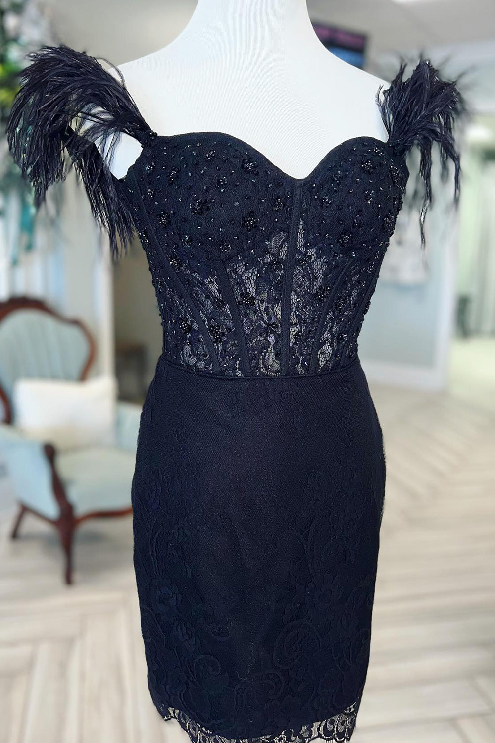 Black Homecoming Dress Off The Shoulder Corset Tight Short Prom Dress with Feathers