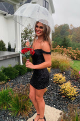 Black Homecoming Dress Off The Shoulder Tight Short Prom Dress with Fringes