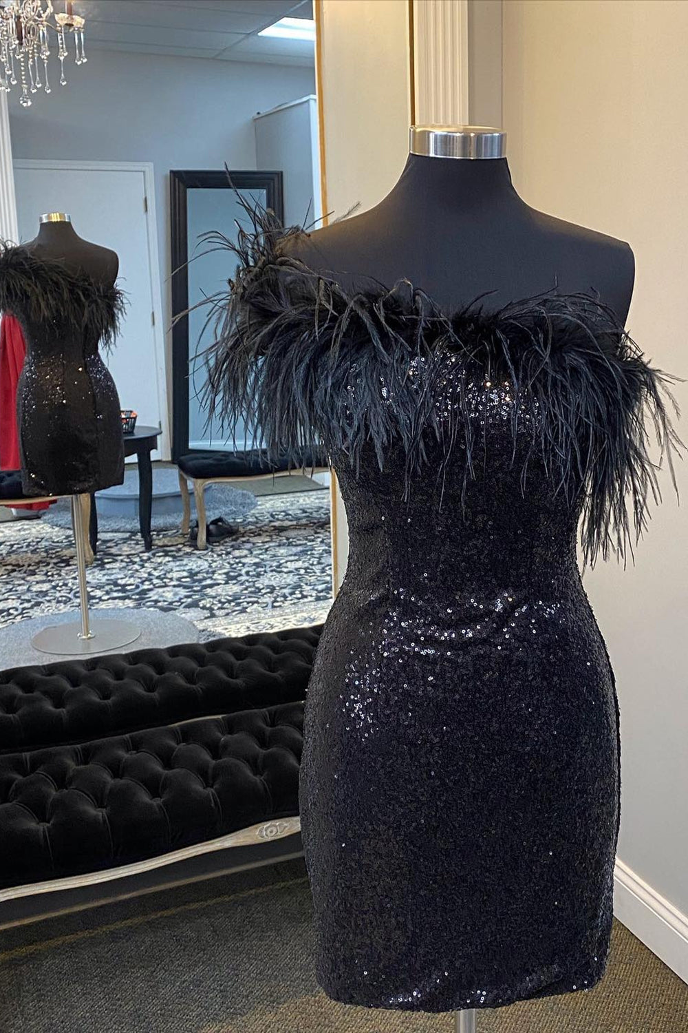 Black Homecoming Dress One Shoulder Sequin Short Prom Dress with Feathers