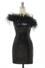 Black Homecoming Dress One Shoulder Sequin Short Prom Dress with Feathers