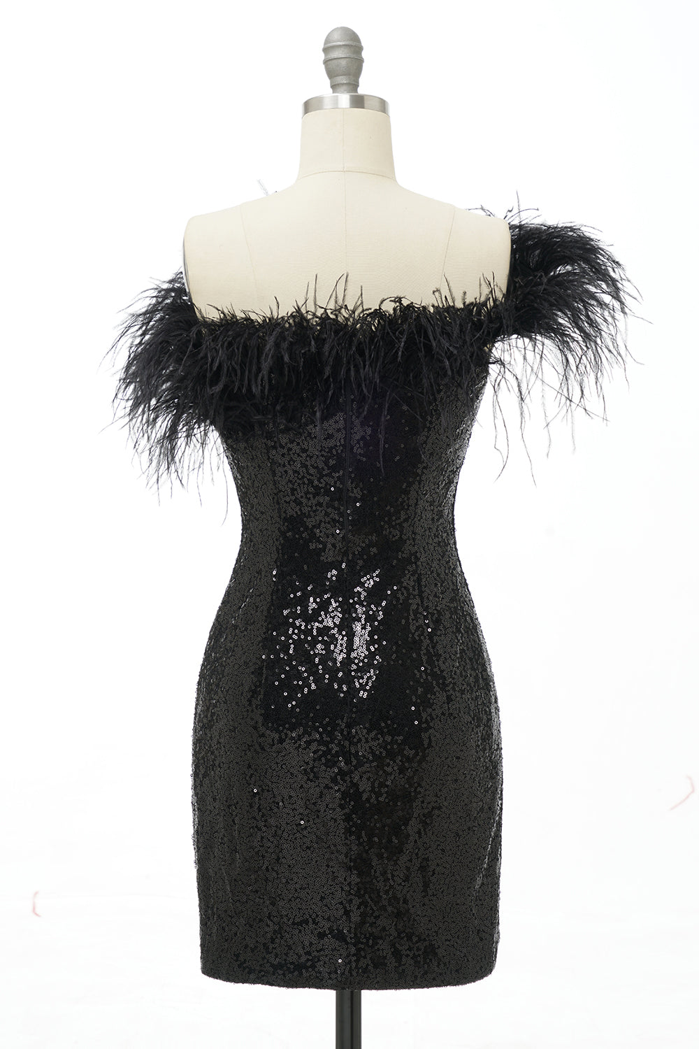 Black Homecoming Dress One Shoulder Sequin Short Prom Dress with Feathers