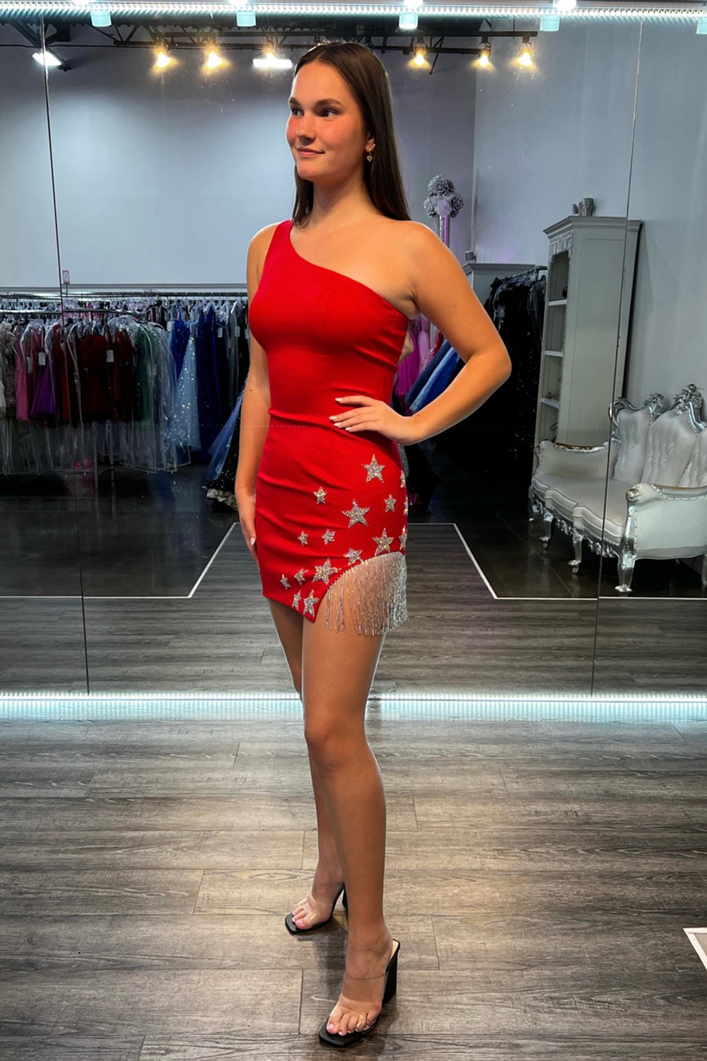 Black Homecoming Dress One Shoulder Stars Tight Short Prom Dress with Fringes