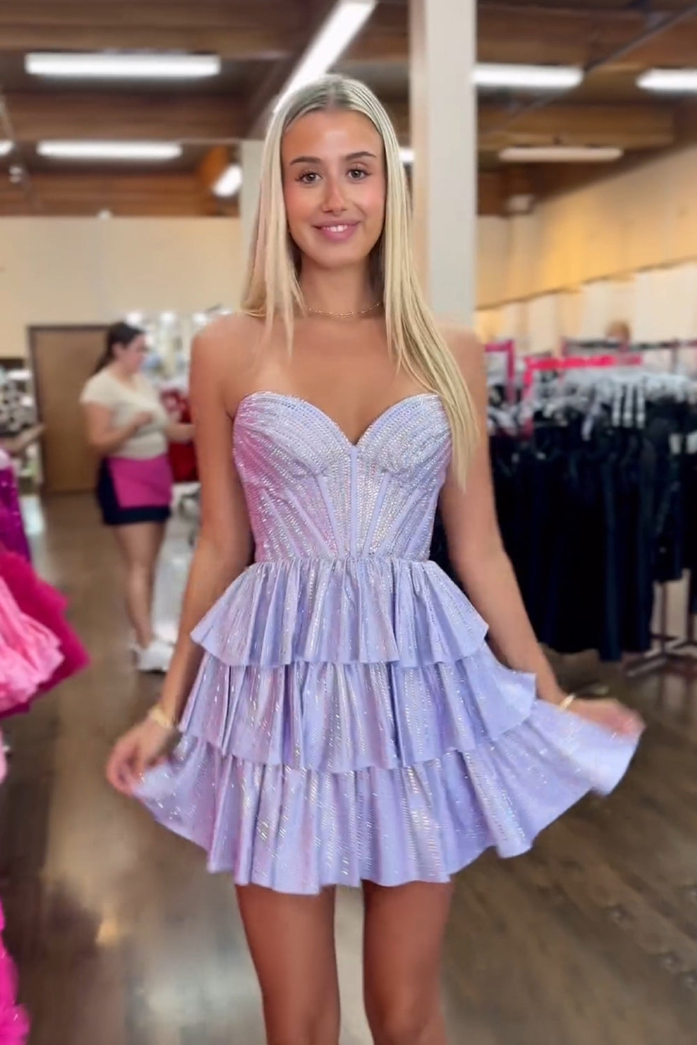 Black Homecoming Dress Pink Homecoming Dress A Line Corset Strapless Tiered Short Prom Dress with Beadings