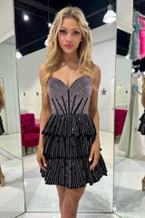 Black Homecoming Dress Pink Homecoming Dress A Line Corset Strapless Tiered Short Prom Dress with Beadings