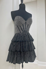 Black Homecoming Dress Pink Homecoming Dress A Line Corset Strapless Tiered Short Prom Dress with Beadings