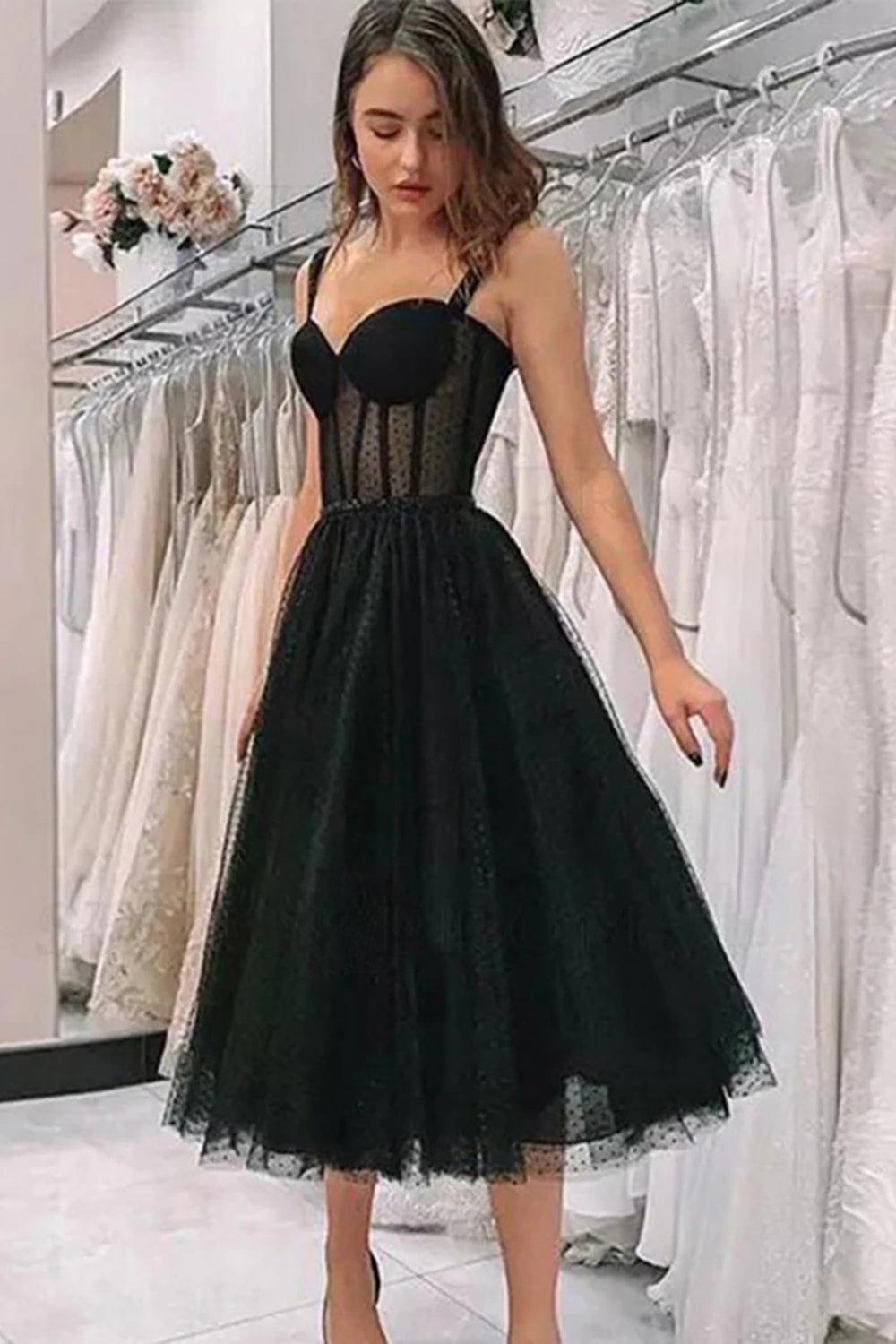 Black Homecoming Dress Polka Dots A Line Cocktail Party Dresses