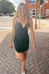 Black Homecoming Dress Sequin Lace-Up Back Prom Dress