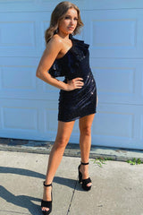 Black Homecoming Dress Sequin One Shoulder Prom Dress