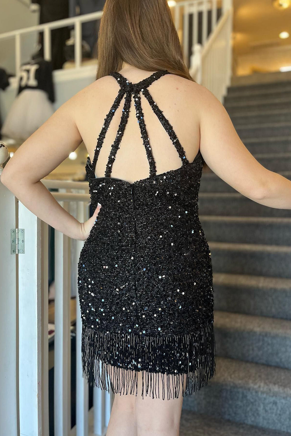 Black Homecoming Dress Sequined Tight Short Prom Dress with Fringes