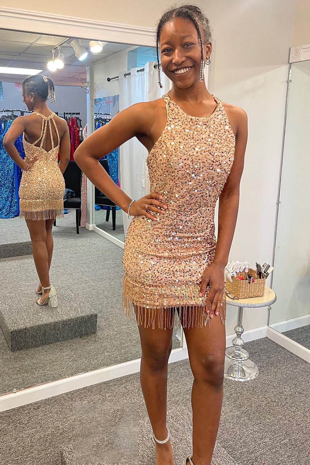 Black Homecoming Dress Sequined Tight Short Prom Dress with Fringes