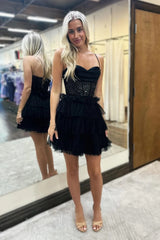 Black Homecoming Dress Spaghetti Straps Corset Short Cocktail Dresses