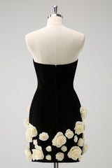 Black Homecoming Dress Strapless Bodycon Short Prom Dress with 3D Flowers
