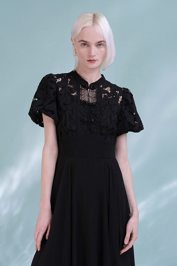 Black Lace Chiffon Asymmetrical Midi Casual Summer Holiday Dress