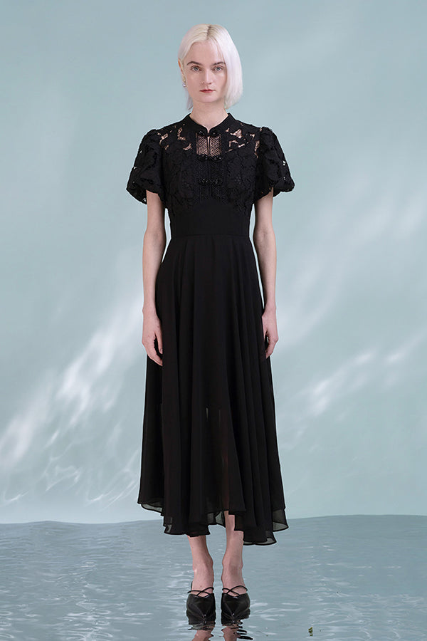 Black Lace Chiffon Asymmetrical Midi Casual Summer Holiday Dress
