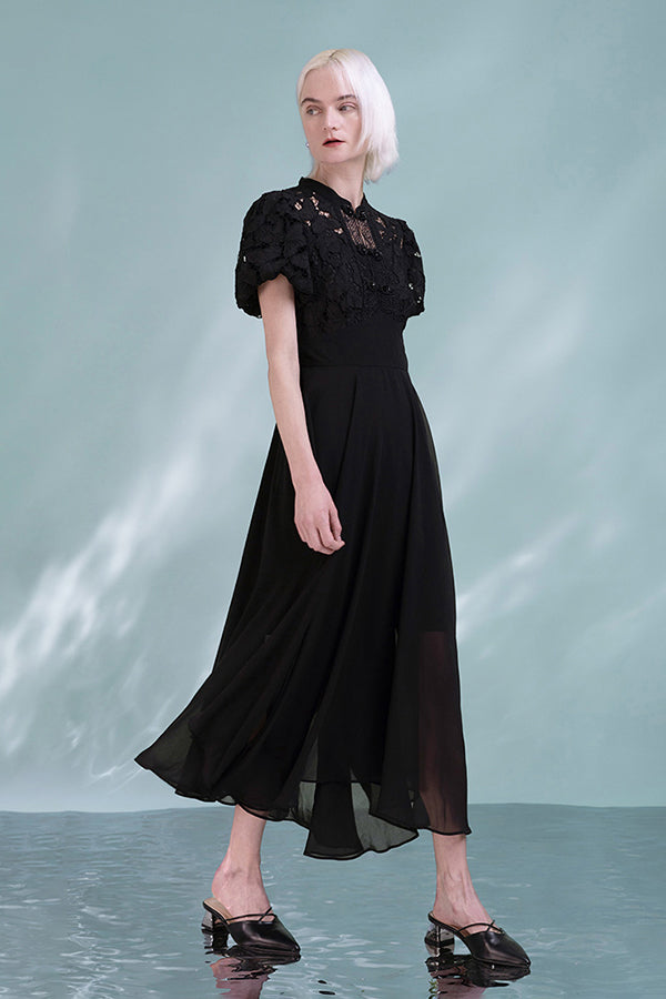 Black Lace Chiffon Asymmetrical Midi Casual Summer Holiday Dress