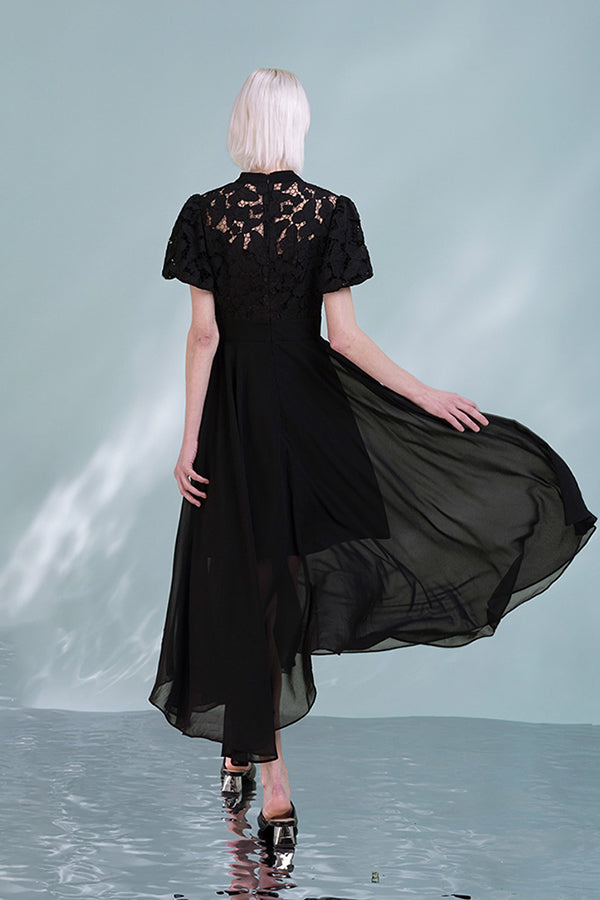 Black Lace Chiffon Asymmetrical Midi Casual Summer Holiday Dress