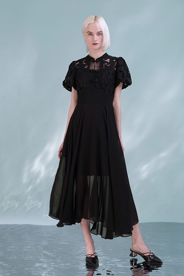Black Lace Chiffon Asymmetrical Midi Casual Summer Holiday Dress