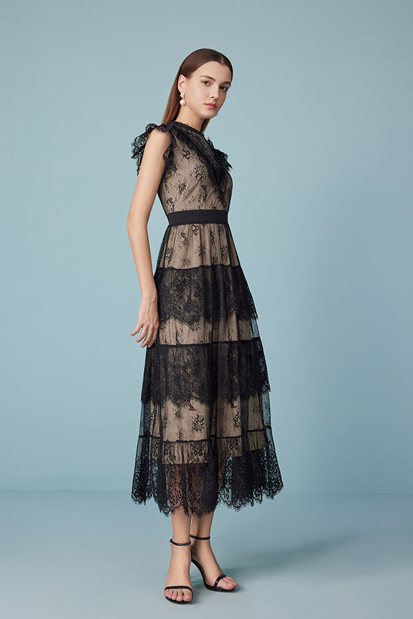 Black Lace Tiered Midi Casual Summer Boho Dress