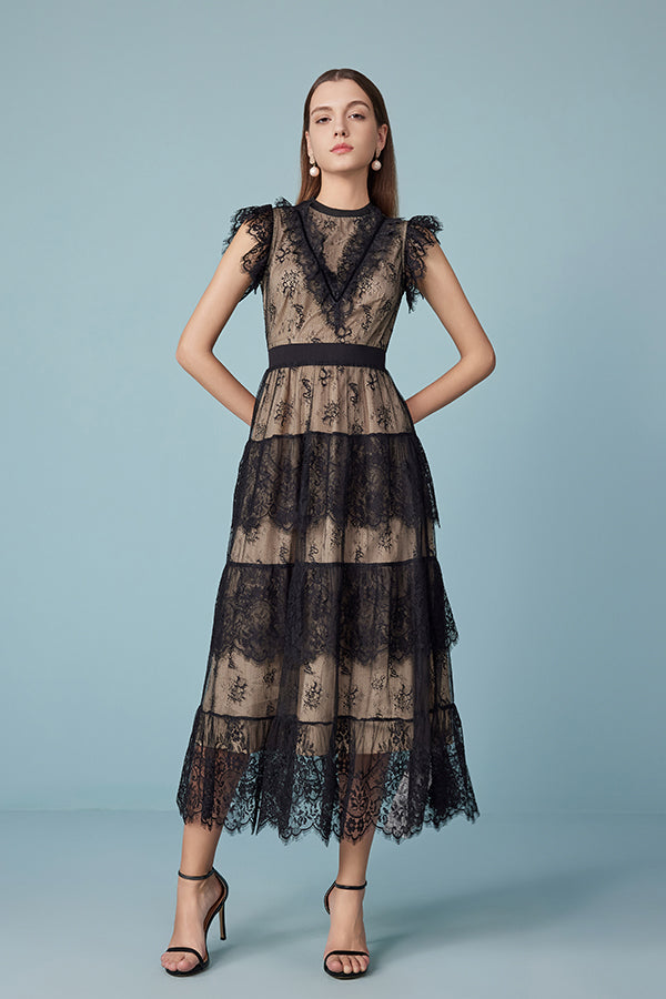 Black Lace Tiered Midi Casual Summer Boho Dress