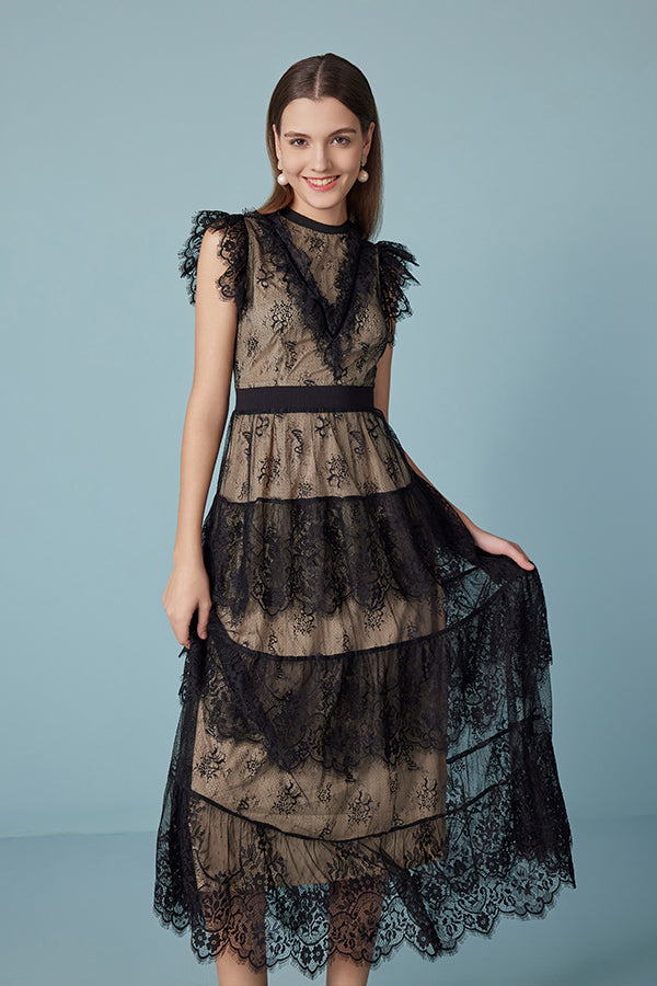 Black Lace Tiered Midi Casual Summer Boho Dress