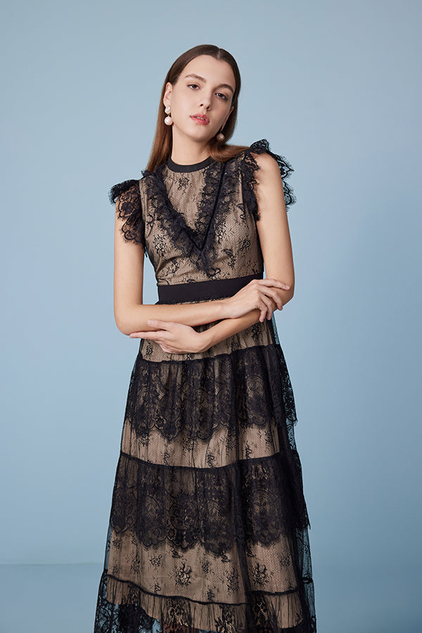Black Lace Tiered Midi Casual Summer Boho Dress