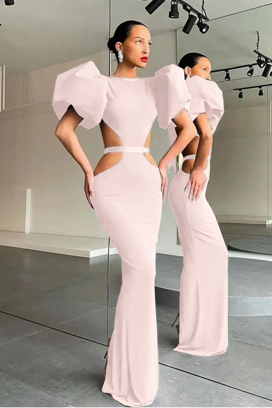 Black Mermaid Formal Dress Puff Sleeve Evening Dress